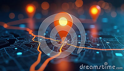 Digital map interface shows location markers, routes. AI tech supports GPS location, navigation. Future transport logistics route Stock Photo
