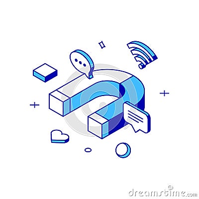 Digital marketing attracted followers with magnet social media networking addiction isometric vector Vector Illustration