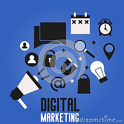 Digital marketing banner. On a blue background A shoutbox with icons seo, user, calendar, search. Vector Illustration