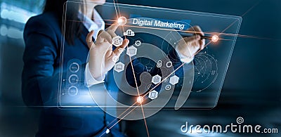 Digital marketing. Business woman drawing global structure Stock Photo