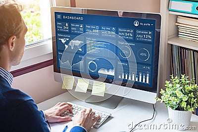 Digital marketing campaign data analytics report with metrics and key performance indicators KPI on information dashboard for Stock Photo