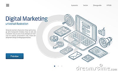 Digital Marketing campaign, seo optimization modern isometric line illustration. Business sketch drawn icon. Web Vector Illustration