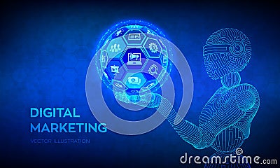 Digital marketing concept. Abstract 3D sphere or globe with surface of hexagons in robotic hand. Wireframe robot. Search Engine Cartoon Illustration