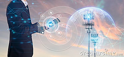 Digital marketing concept, business man point hand to interface of communication cloud technology to connect data in world network Stock Photo