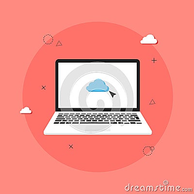 Digital marketing concept. Cloud storage. Visualization of the work of the laptop, with software Vector Illustration