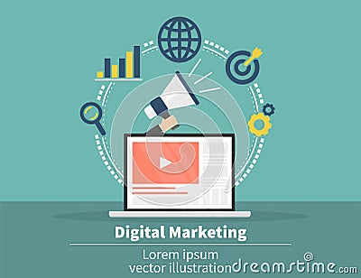 Digital marketing concept. Social network and media communication. SEO, SEM and promotion and business strategy. Vector Illustration