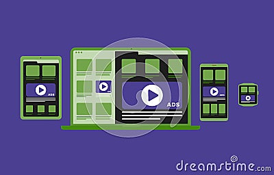 Digital marketing content in multiple device and platform - Native Programmatic Advertising cross targeting ads concept. Vector Illustration