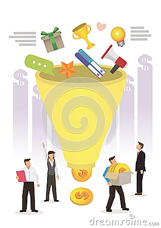 Digital marketing funnel leads generation with customers, marketing, sales generation and optimization. Result in profit earning Vector Illustration