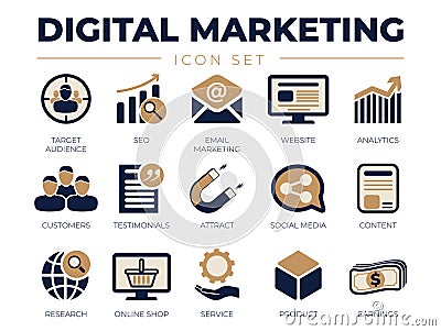 Digital Marketing Icon Set. Target Audience, SEO, Email Marketing, Website, Analytics, Customers, Testimonials, Attract, Social Vector Illustration