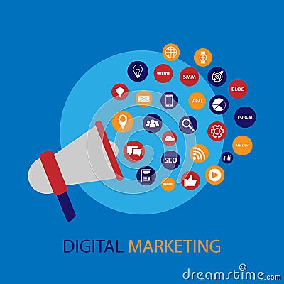 Digital marketing illustration with megaphone. Flat design Cartoon Illustration