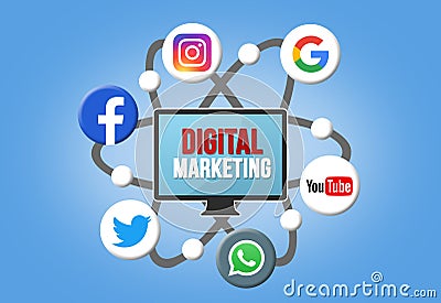 Digital Marketing - Instagram Facebook Twitter Google Whatsapp Youtube Editorial Stock Photo