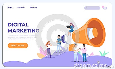 Digital marketing landing page. Specialists working on business analysis. Vector website design template Vector Illustration