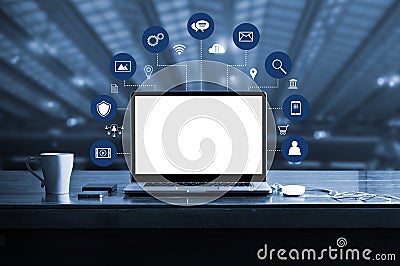 Digital marketing. laptop computer with white screen blank and virtual icon digital marketing Stock Photo