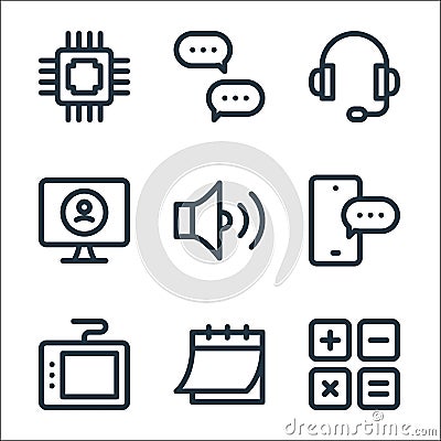 Digital marketing line icons. linear set. quality vector line set such as calculator, calendar, graphic tablet, chat, sound, Vector Illustration