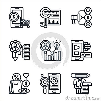 digital marketing line icons. linear set. quality vector line set such as copywriter, marketing, customer behavior, live, audience Vector Illustration