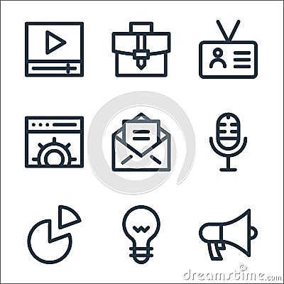 Digital marketing line icons. linear set. quality vector line set such as megaphone, idea, pie chart, microphone, email, web Vector Illustration