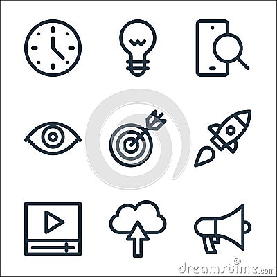 digital marketing line icons. linear set. quality vector line set such as megaphone, upload, video player, rocket, target, view, Vector Illustration