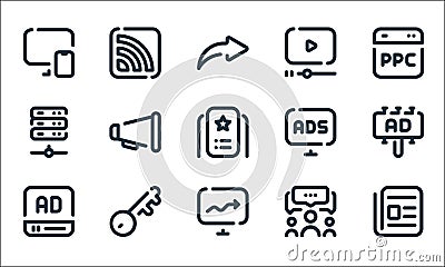 Digital marketing line icons. linear set. quality vector line set such as news, stats, video ad, group, keywording, server, Vector Illustration