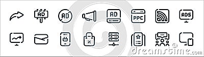 Digital marketing line icons. linear set. quality vector line set such as responsive, premium, discount, stats, rss, ad blocker, Vector Illustration