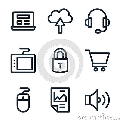 Digital marketing line icons. linear set. quality vector line set such as sound, statistics, mouse, shopping cart, lock, graphic Vector Illustration