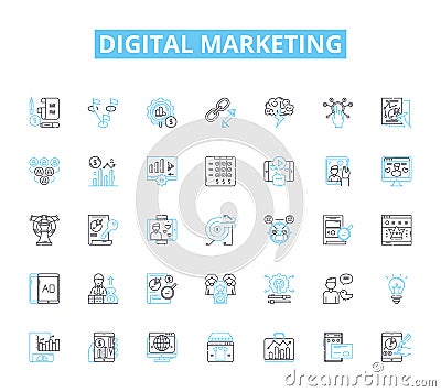 Digital marketing linear icons set. Analytics, Content, Strategy, SEO, PPC, Social, Branding line vector and concept Vector Illustration