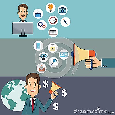 Digital marketing man network money social media Vector Illustration