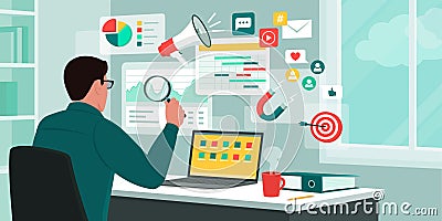 Digital marketing manager working with virtual screens Vector Illustration