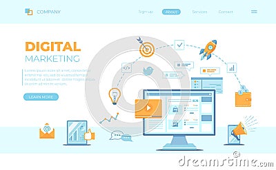 Digital marketing, Marketing strategy technologies concept. Social network, media communication, targeting, content sharing Vector Illustration