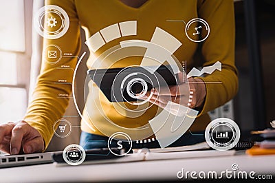 Digital marketing media in virtual screen. Stock Photo