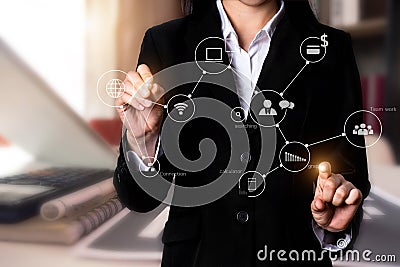 Digital marketing media in virtual icon globe shape business in morning light. Stock Photo