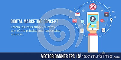 Digital marketing, mobile marketing strategy. Flat design vector banner Vector Illustration