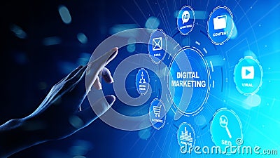 Digital marketing, Online advertising, SEO, SEM, SMM. Business and internet concept. Stock Photo