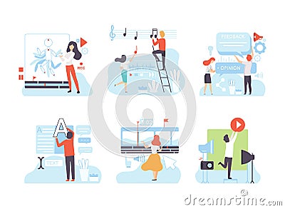 Digital Marketing with People Creating Media Content Vector Scene Set Vector Illustration