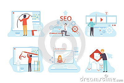 Digital Marketing with People Creating Media Content Vector Scene Set Vector Illustration