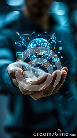 Digital Marketing Professional Demonstrating Data Management Platform DMP Capabilities with a Virtual Globe Interface Stock Photo
