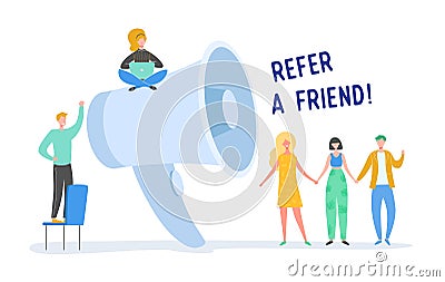 Digital Marketing Refer a Friend Concept. Megaphone Promotion with People. Huge Loudspeaker with Tiny Characters Vector Illustration