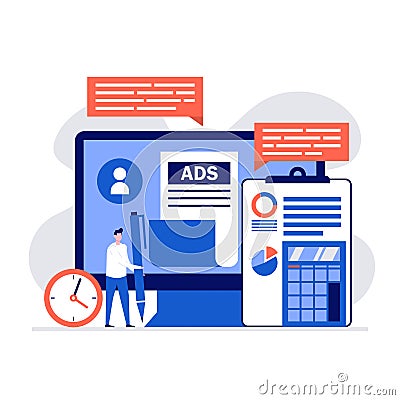 Digital marketing, SEO optimization, content advertising and promotion concepts with characters and computer screen. Modern vector Vector Illustration