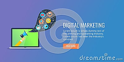 Digital marketing seo, social communication concept- media technology. Flat design banner. Vector Illustration