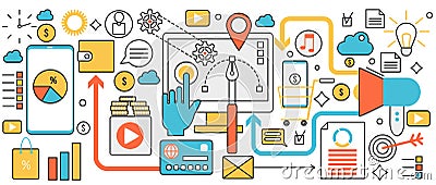 Digital marketing, seo technology, network development and data analysis, web commerce Vector Illustration