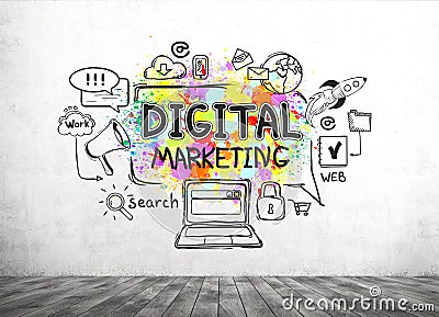 Digital marketing sketch on concrete wall Stock Photo