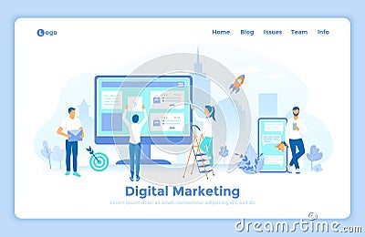 Digital Marketing, social network and media communication. Business analysis, targeting, management. SEO, SEM. landing web page Vector Illustration