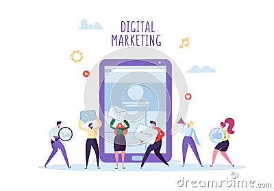 Digital Marketing, Social Network, SEO Concept. Flat Business People Working Together on New Website Project. Team Work Vector Illustration