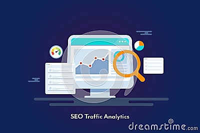 SEO and web traffic analytics software, digital business data on marketing dashboard, understanding business report. Stock Photo
