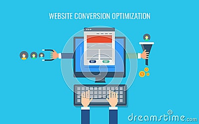 Website conversion optimization, inbound marketing strategy, sales funnel, money, content promotion. Flat design vector banner. Vector Illustration