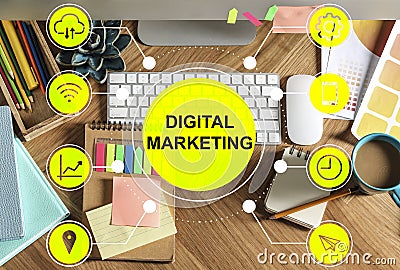 Digital marketing strategy. Workplace with computer, flat tay Stock Photo