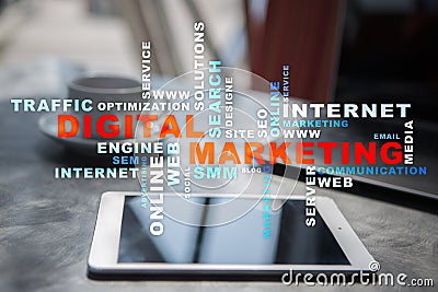 DIgital marketing technology concept. Internet. Online. Search Engine Optimisation. SEO. SMM. Advertising. Words cloud. Stock Photo