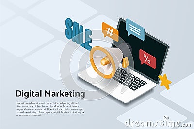 Digital marketing via laptop with megaphone sale online marketing promotion Vector Illustration