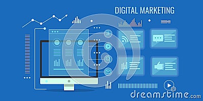 Digital marketing, web analytics, data, information, online business research concept. Flat design vector illustration. Vector Illustration