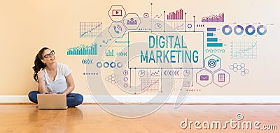 Digital Marketing with young woman using a laptop computer Stock Photo