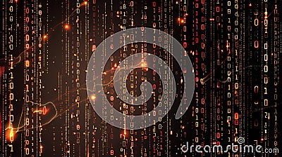 A digital matrix code with glowing orange and red binary numbers on a dark background Stock Photo
